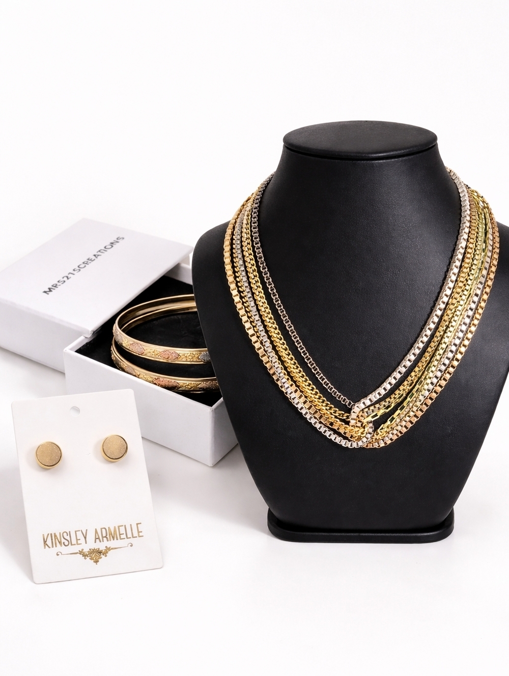 GoldFilled Bangle Set tricolor, Mrs215 Box, Chain Necklace, Kinsley Armell Studs